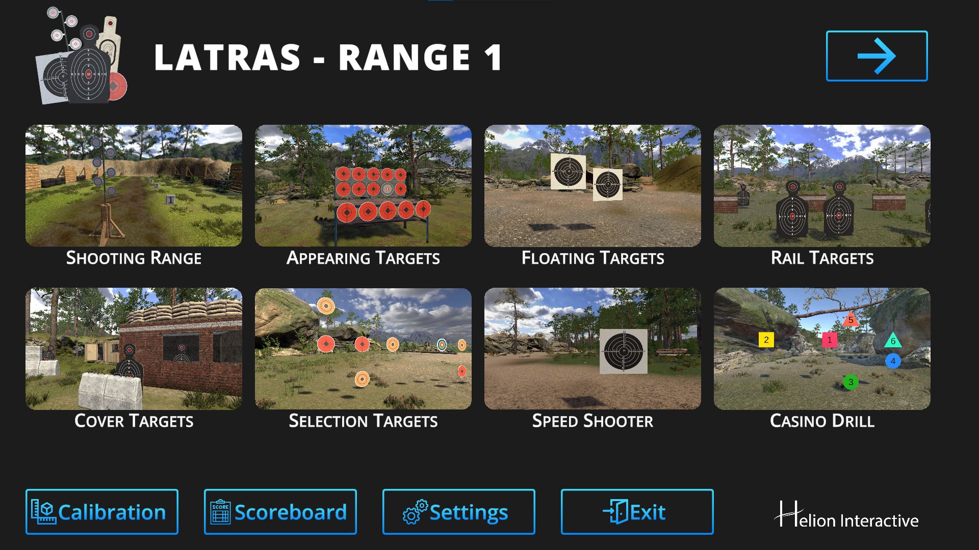 Menu screen from a shooting simulation with various game modes.